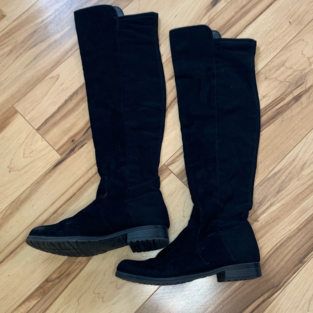 Black suede over the knee boots.